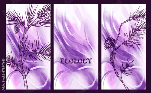 The inscription "ecology" with a forest cone on a beautiful watercolor decorative background. Botanical design. Perfect for postcards, banners, covers, invitations. EPS 10