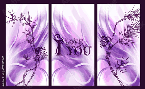 The inscription "I love you" with a forest cone on a beautiful watercolor decorative background. Botanical design. Perfect for postcards, banners, covers, invitations. EPS 10