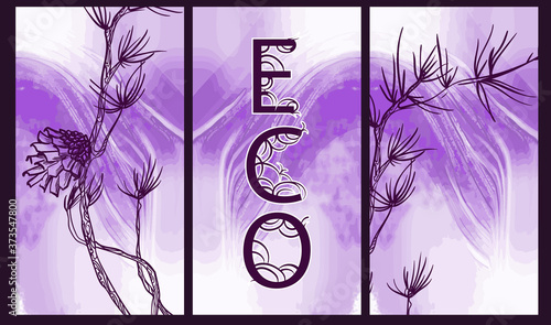 The inscription "eco" with a forest cone on a beautiful watercolor decorative background. Botanical design. Perfect for postcards, banners, covers, invitations. EPS 10