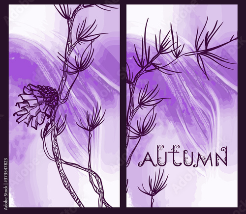 The inscription "autumn" with a forest cone on a beautiful watercolor decorative background. Botanical design. Perfect for postcards, banners, covers, invitations. EPS 10