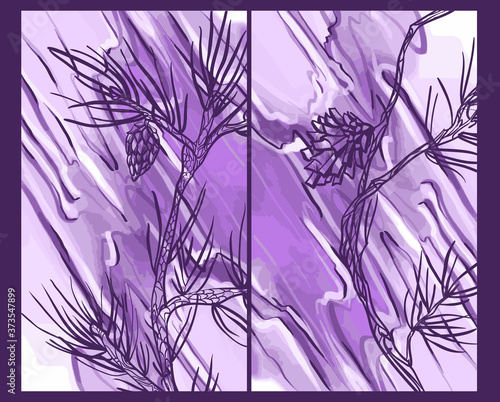 A branch of a fir tree with a cone on a beautiful watercolor abstract decorative background. Botanical design. Perfect for postcards, banners, covers, invitations. EPS 10