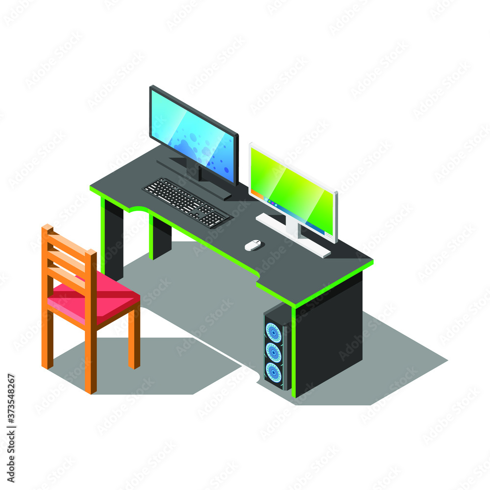 Abstract Isometric 3D Furniture Table Chair With Computer Gadget Equipment Appliances Element Vector Design Style Shadow Abstract Isometric 3D Furniture Table Chair With Computer Gadget Equipment Appliances Element Vector Design Style Shadow