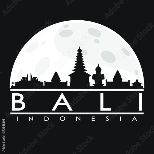 Bali Full Moon Night Skyline Silhouette Design City Vector Art.
