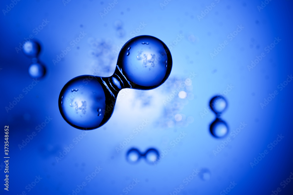 3d render: Abstract hydrogen molecules H2 in front of blue vignetted ...