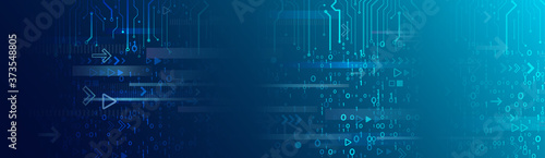 Abstract blue background with various technology elements. Wide Hi-tech communication concept. Connection structure vector illustration. CIrcuit board and binary stream.