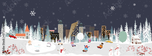 Panorama Winter landscape, Christmas and new year celebrating in the city, Vector of horizontal banner winter wonderland in the town with happy kids sledding and polar bear playing in the park