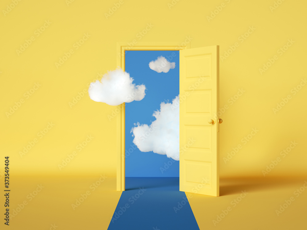 3d rendering, white clouds flying out and going through the open door, objects isolated on bright yellow background. Abstract metaphor, modern minimal concept. Surreal dream scene - obrazy, fototapety, plakaty 