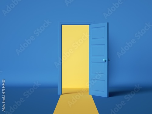Photography 3d render, yellow light inside the open door isolated on blue background