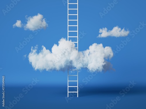 3d render, abstract concept, ladder and white clouds isolated on blue background photo