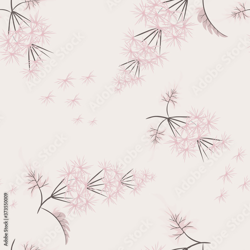 Vector seamless floral pattern. Elegant abstract botanical background with scattered fluffy flower branches, leaves. Simple texture in soft pastel colors. Repeat design for decor, wallpapers, textile