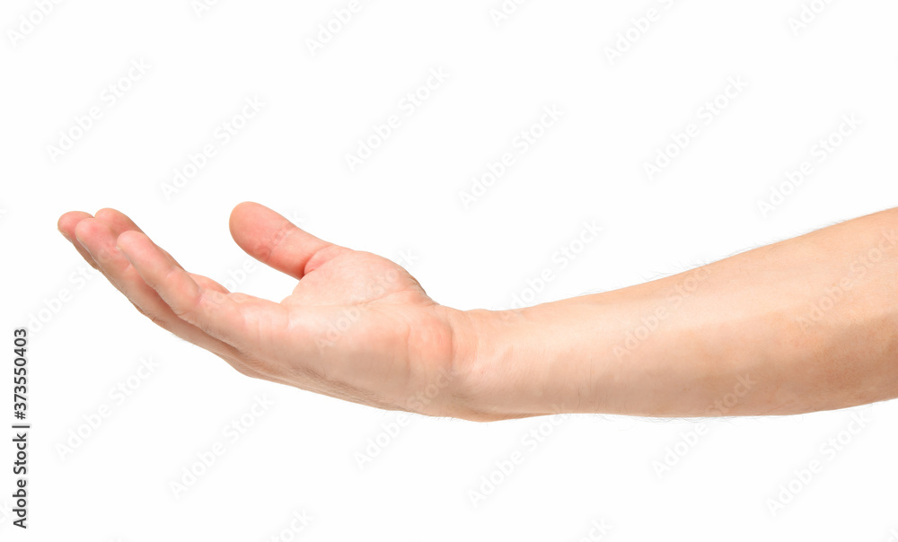 Man stretches out his hand of grace. Empty hand, asks for help sign. Man stretches out his hand of grace. Empty hand, asks for help sign.