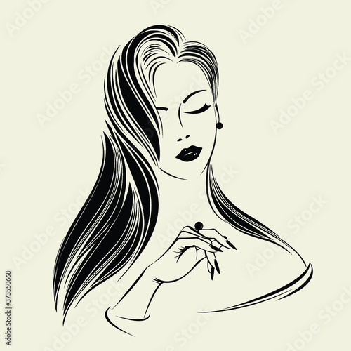 Beautiful woman with long, wavy hairstyle, elegant makeup and jewels.Hair salon and beauty studio logo.Fashion, cosmetics and spa icon.Young lady portrait isolated on light fund.Front view face.