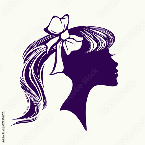 Beautiful girl with long, wavy ponytail hairstyle and ribbon bow.Hair salon and beauty studio logo.Fashion, cosmetics and spa icon.Young lady portrait isolated on light fund.Profile view face.