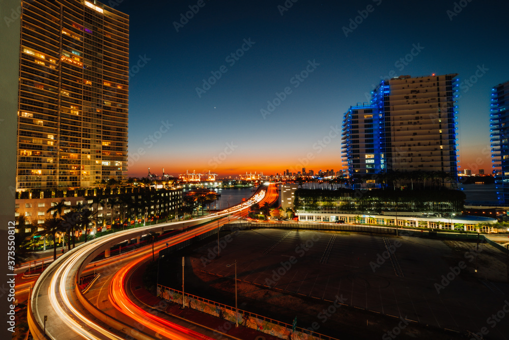 night traffic in Miami Florida usa panorama sunset 