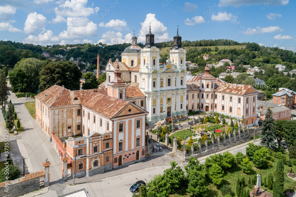 Aerial view of former jesuit collegium and monastery in Kremenets town, Ternopil region, Ukraine.