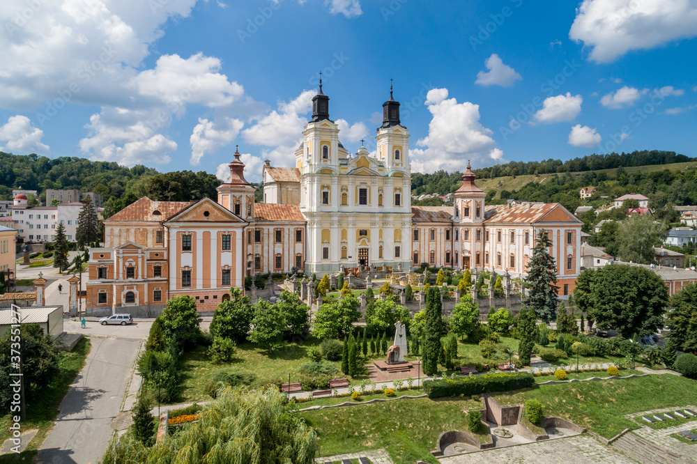 Aerial view of former jesuit collegium and monastery in Kremenets town, Ternopil region, Ukraine.