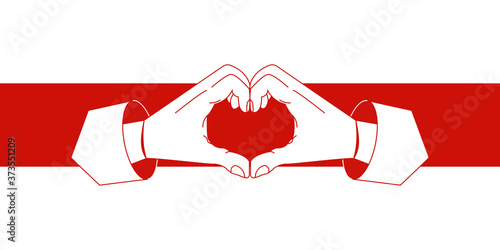 Belarus opposition flag with heart symbols vector illustration.Hands forming heart sign in red and white opposition flag colors. Protests in Belarus. Revolution symbols. Protest against Lukashenko.