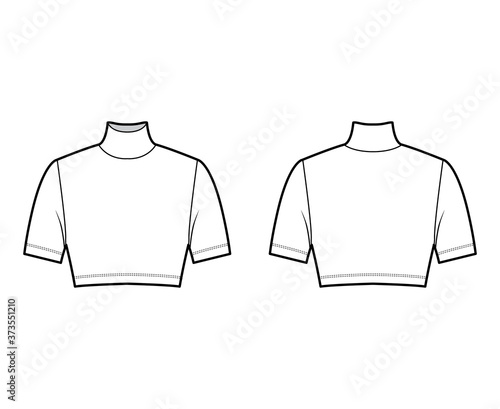 Cropped turtleneck jersey sweater technical fashion illustration with short sleeves, close-fitting shape. Flat outwear jumper apparel template front back white color. Women men unisex shirt top mockup