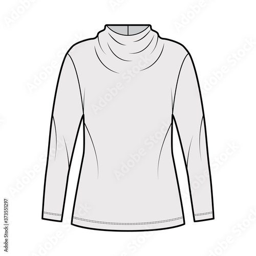 Top technical fashion illustration with elegant draped neckline, long sleeves, oversized, back button-fastening keyhole. Flat blouse apparel template front, grey color. Women men unisex shirt CAD © Vectoressa