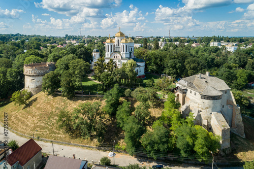 Aerial view of Ostroh Castle in Ostroh town, Rivne region, Ukraine.