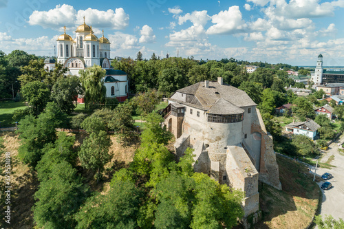 Aerial view of Ostroh Castle in Ostroh town, Rivne region, Ukraine. photo