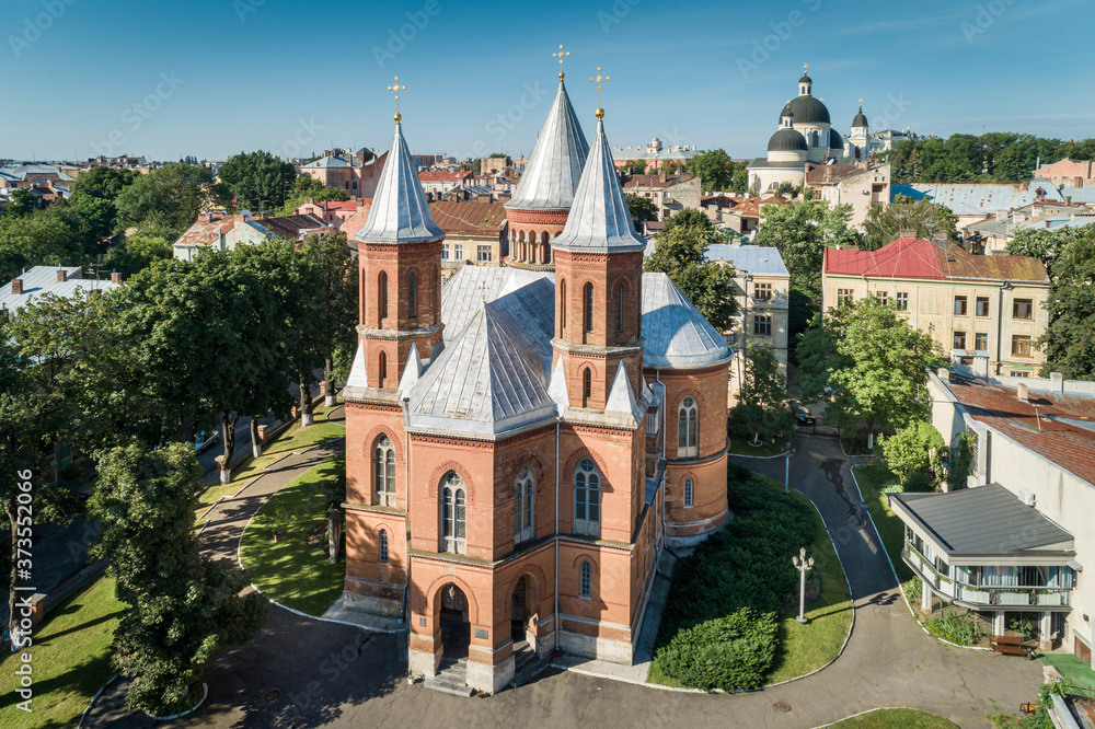 Aerial view of an Organ hall located in former armenian church in Chernivtsi, Ukraine.
