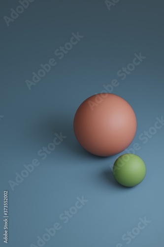 3d render, two green and pink spheres with different sizes on blue background, copy space,