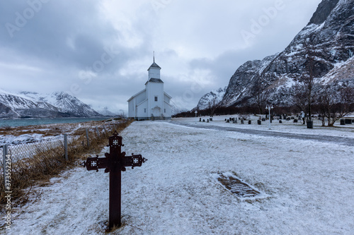 Gimsoy church and the cemetery. Lofoten Islands, Norway