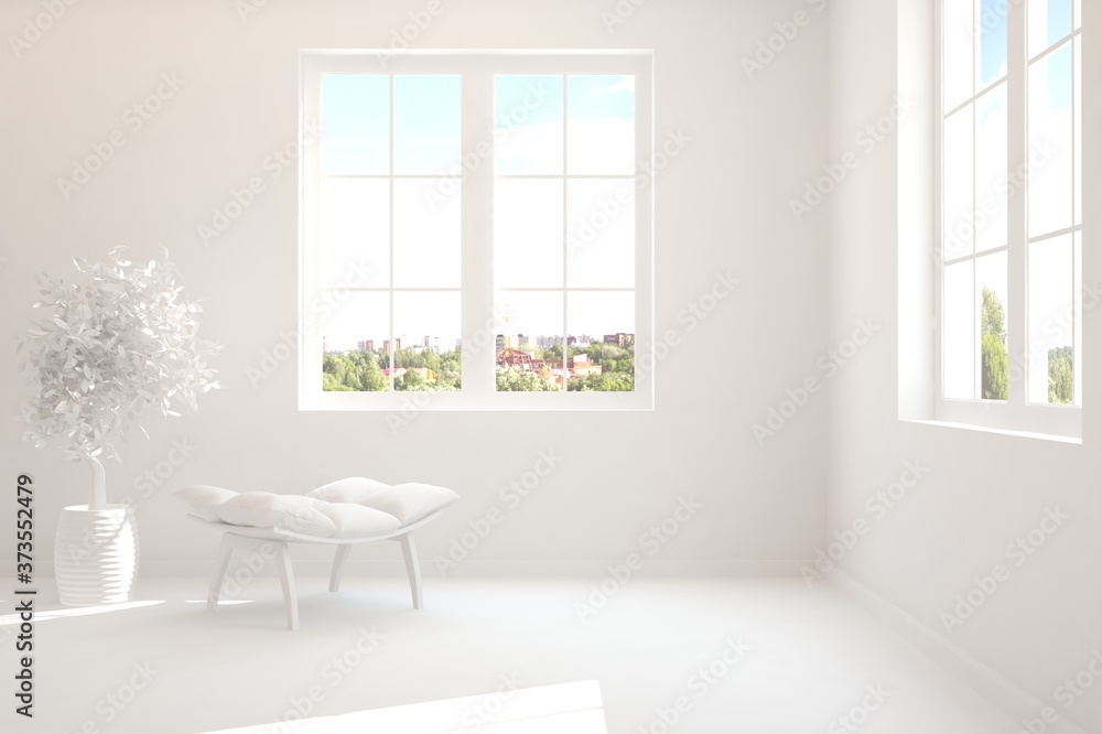 Stylish room in white color with armchair and green landscape in window. Scandinavian interior design. 3D illustration Stylish room in white color with armchair and green landscape in window. Scandinavian interior design. 3D illustration