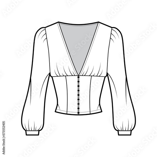 Slika na platnu Cropped top technical fashion illustration with long bishop sleeves, puffed shoulders, front button fastenings