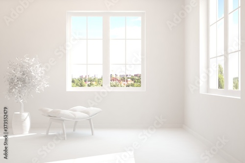 Stylish room in white color with armchair and green landscape in window. Scandinavian interior design. 3D illustration © AntonSh