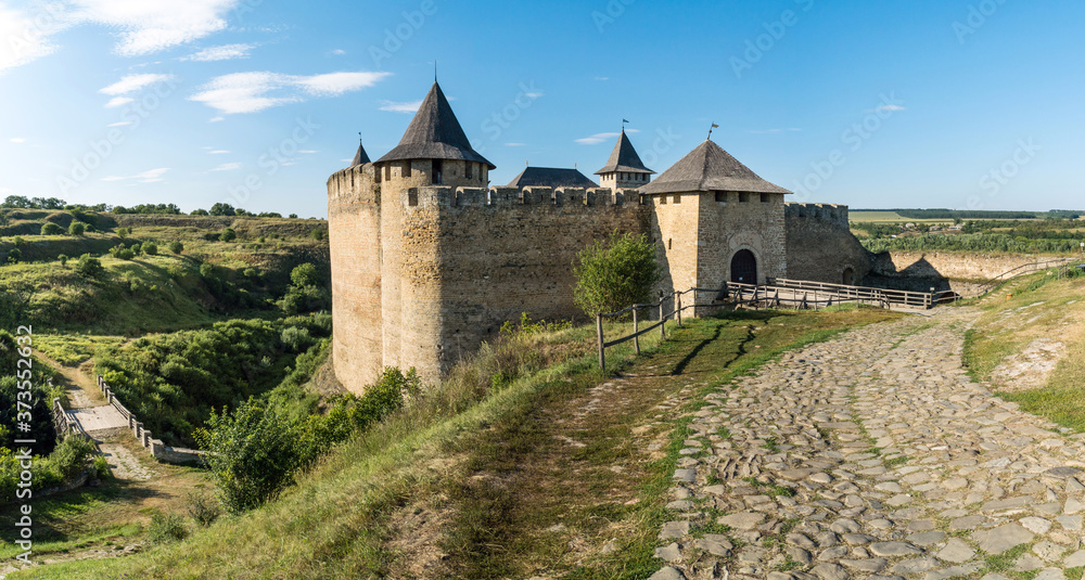 Panoramic view of medieval Khotyn fortress in Khotyn village on a Dniestr river, Chernivtsi region, Ukraine.