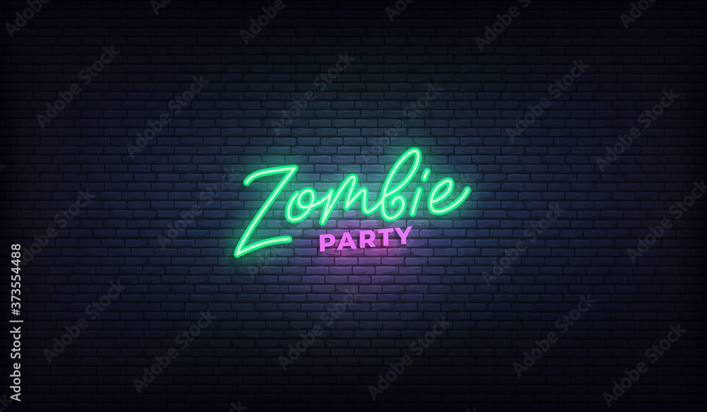 Zombie party neon lettering sign. Halloween holiday vector design Zombie party neon lettering sign. Halloween holiday vector design