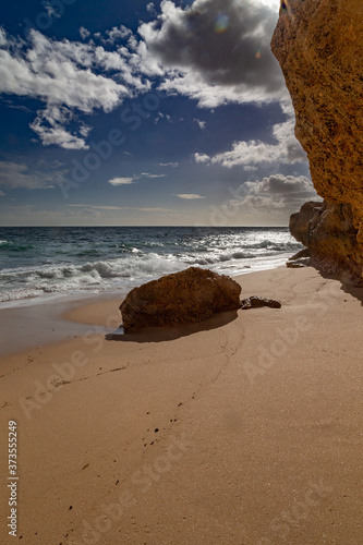 Sandy beach near Carvoeira at the southern coast of the Algarve, Portugal.