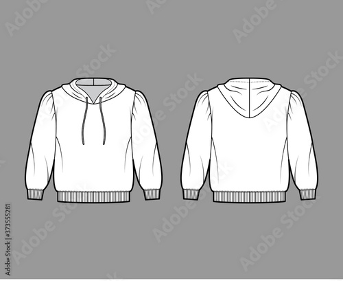 Cropped cotton-jersey hoodie technical fashion illustration with loose fit, puffed shoulders, elbow sleeves, ribbed trims. Flat jumper template front back white color. Women men unisex sweatshirt top