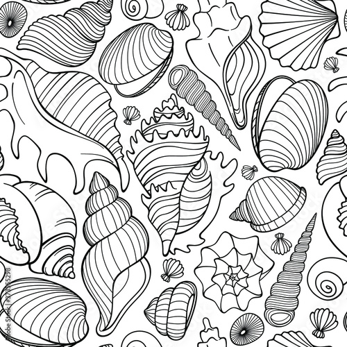 Seamless vector pattern with drawn seashells. Contour drawing of seashells. © Alyona-Simona