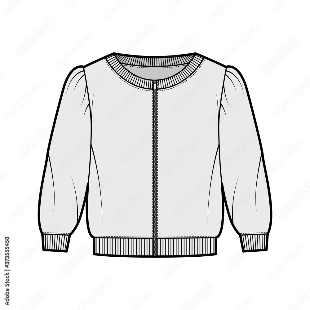 Zip-up cropped cotton-terry sweatshirt technical fashion illustration with scoop neckline, puffed shoulders, elbow sleeves. Flat outwear jumper apparel template front grey color. Women, men unisex top Zip-up cropped cotton-terry sweatshirt technical fashion illustration with scoop neckline, puffed shoulders, elbow sleeves. Flat outwear jumper apparel template front grey color. Women, men unisex top