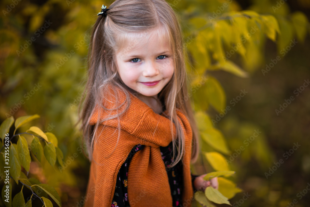 Portrait of little girl in red sweater at the autumn park. Copy space. Portrait of little girl in red sweater at the autumn park. Copy space.