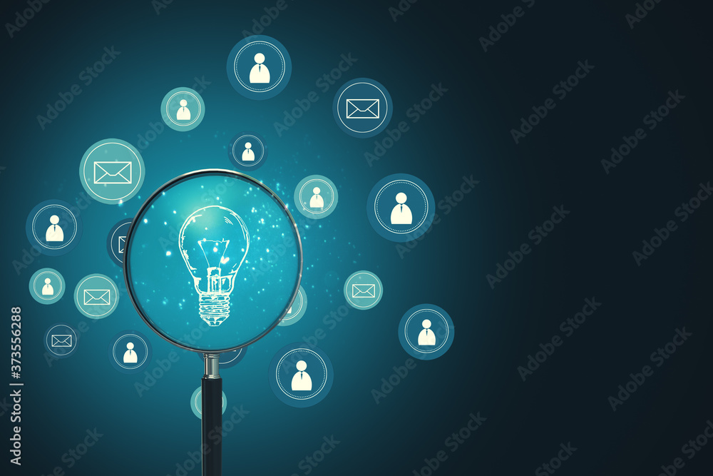 Magnifying glass search abstract glowing social media icons Magnifying glass search abstract glowing social media icons