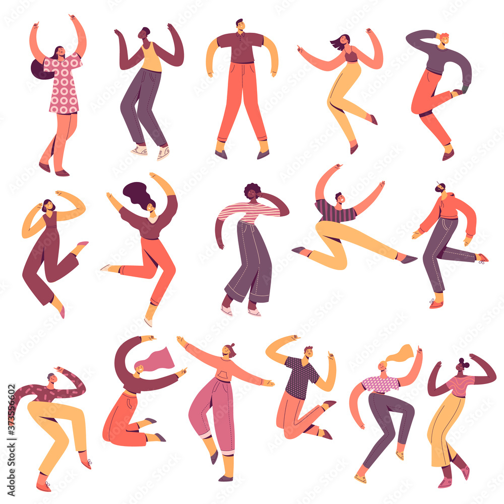 Group of young happy dancing people. Male and female dancers isolated on white background. Smiling young men and women enjoying dance party. Stock vector illustration in flat trendy style. Group of young happy dancing people. Male and female dancers isolated on white background. Smiling young men and women enjoying dance party. Stock vector illustration in flat trendy style.