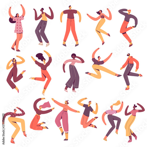 Group of young happy dancing people. Male and female dancers isolated on white background. Smiling young men and women enjoying dance party. Stock vector illustration in flat trendy style.