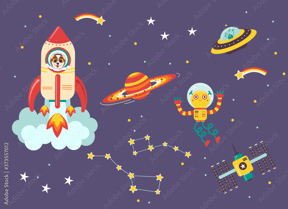 Funny kids space transport set. Spaceship, UFO, space station and space robot cartoon vector illustration isolated on dark background Funny kids space transport set. Spaceship, UFO, space station and space robot cartoon vector illustration isolated on dark background