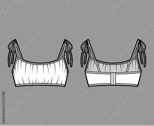 Cropped gathered at the front Bra top technical fashion illustration with ties at shoulders back hook fastenings. Flat swimwear lingerie template front back white color. Women men unisex underwear CAD