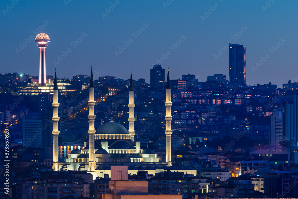 Ankara cityscape at night with Kocatepe Mosque at the center - Ankara, Turkey	