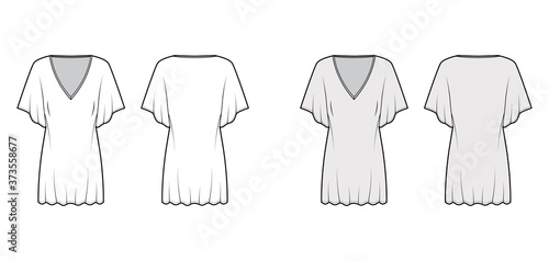 Kaftan dress technical fashion illustration with deep V-neck, batwing elbow sleeves, above-the-knee length oversized. Flat apparel template front back white grey color. Women men unisex top CAD mockup