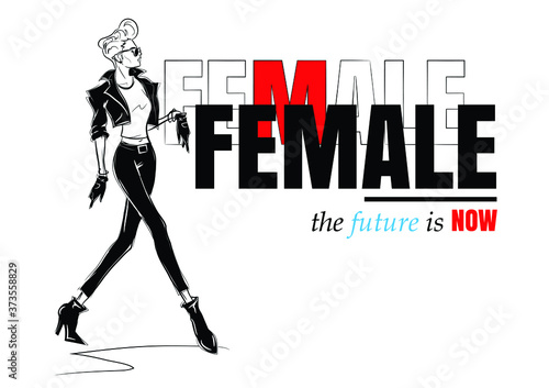 Fashion woman in style sketch on white background with quote.