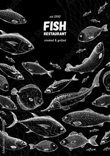 Fish sketch collection. Hand drawn vector illustration. Seafood frame vector illustration. Food menu illustration. Hand drawn salmon, mackerel, sturgeon, flounder, tuna. Engraved style. Engraved fish