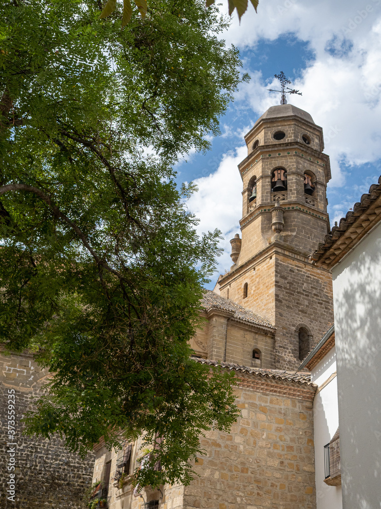 Photograph of a tower of the Baeza Cathedral in the province of Jaen, Andalusia, Spain