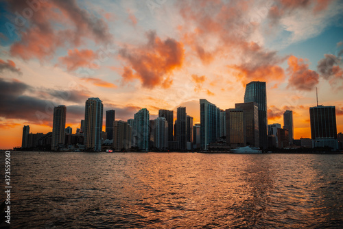 sunset over Miami Florida buildings downtown 