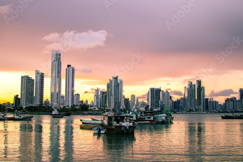 Panama canal city bay skyline sunset night boats 